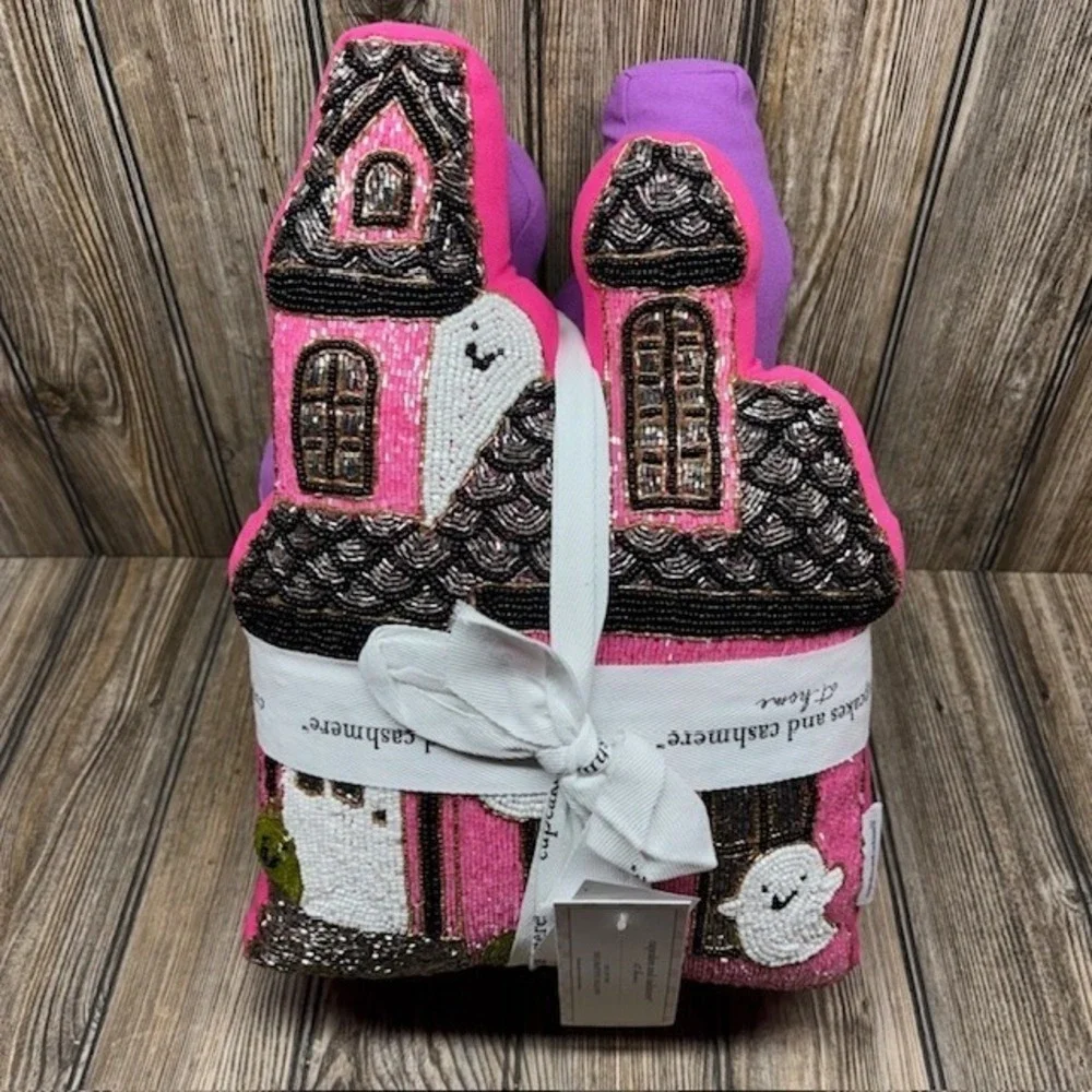 Cupcakes &Cashmere Purple and Pink Haunted House Ghost Beaded Pillows Halloween